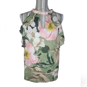 7Avenue New York & Company women's green floral flutter sleeves top size L
